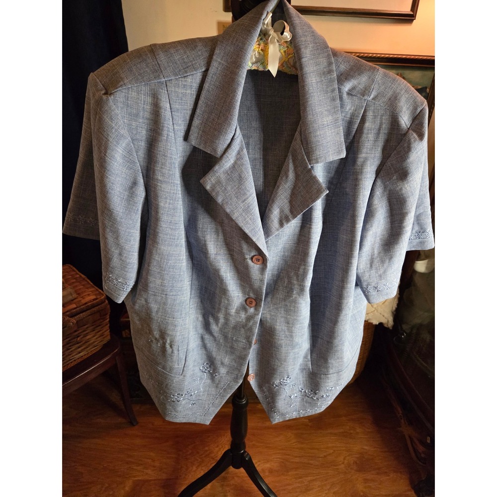 Vintage Sag Harbor Dress Woman Blue Embroidered Short Sleeve Blazer Jacket